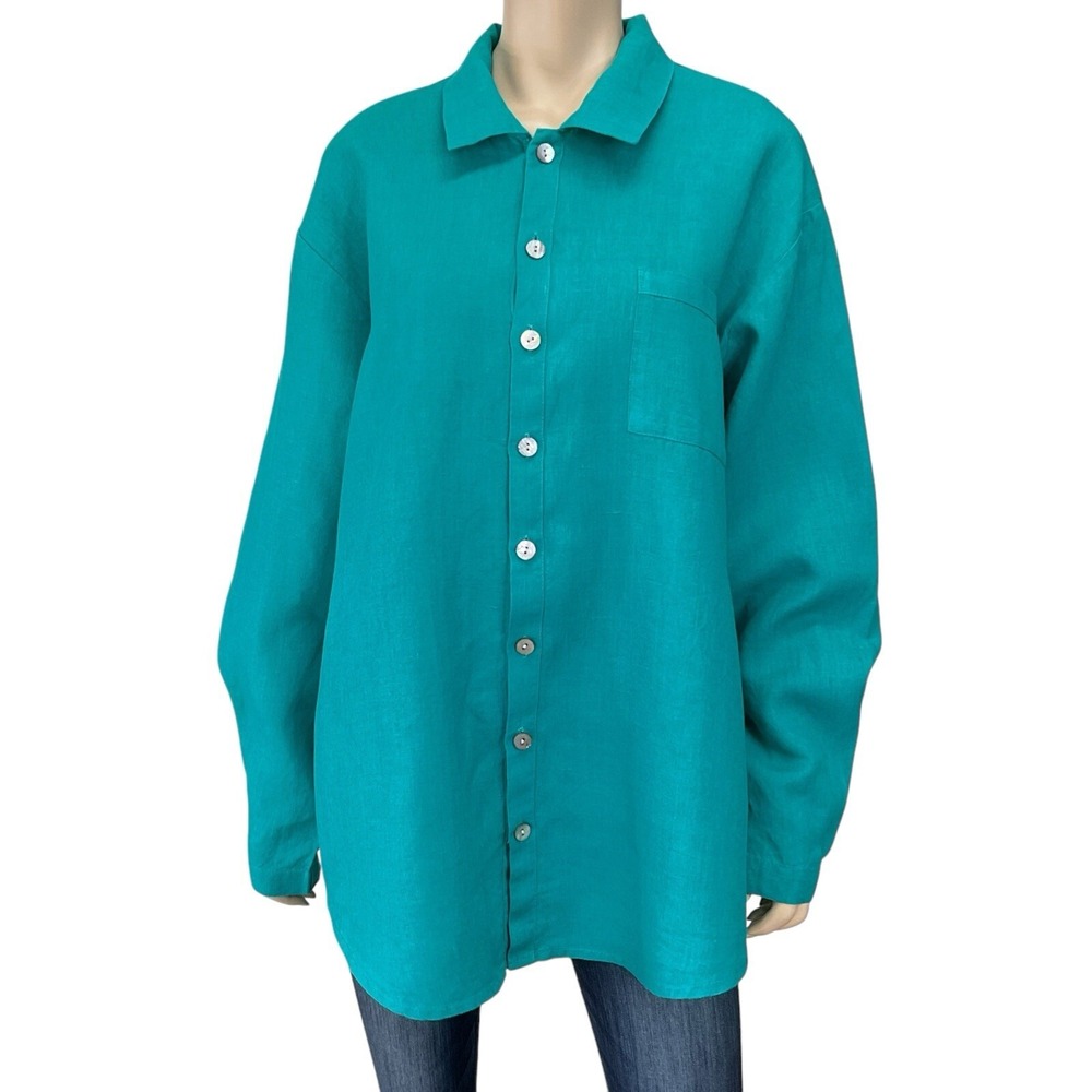 Flax Shirt Women Medium Green Linen Long Sleeve Button Down Oversized